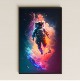 Resim Neon Renk Patlamasıyla Süzülen Astronot Pleksi Tablo - Kozmik Hayal Gücü Dekoru 