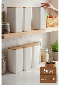 Resim İronika 2 Litre Bambu Kapaklı Erzak Gıda Bakliyat Saklama Kabı Mutfak Organizeri 6 Adet Beyaz 