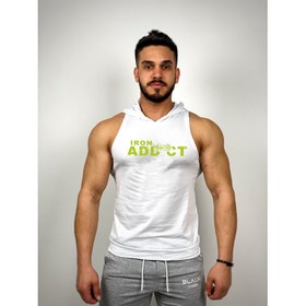 Resim Beyaz Erkek Regular Fit -Iron Addict- Baskılı Kapüşonlu Kolsuz Sporcu Hoodie 