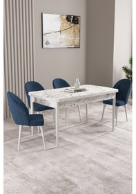 Resim Milas Beyaz Mermer Desen 80x132 Mdf Açılabilir Yemek Masası Takımı 4 Adet Sandalye Lacivert 