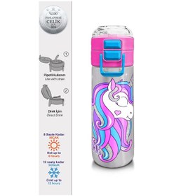 Resim Coral High Kids Pembe Gümüş Unicorn Desenli Pipetli Ve Direkt İçim Çelik Termos 500 Ml 31821 Gümüş 