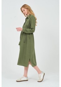 Resim Busa Hamile Gömlek Yaka Önden Cepli Midi Boy Elbise Haki 