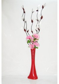 Resim 60 Cm Kırmızı Desenli Vazo 5 Adet Beyaz Üzüm ve Pembe Çiçekler 