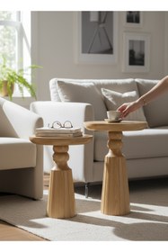 Resim ASELYA HOME Doğal Ahşap 2’li Set Mantar Yan Sehpa Modern Vernikli Fiskos Zigon Çiçeklik 