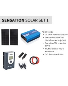 Resim Sensation Solar Set Paket 1 (Karavan,bağ Evi)Monokristal Güneş Paneli-Mppt-Inverter Tam Sinus Şarjlı 