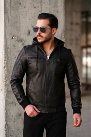 Resim Kegg Erkek Siyah Slim Fit Kapüşonlu Omuz Detaylı Suni Deri Ceket - SIYAH / S 