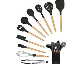 Resim Okaliptus Standlı 11 Parça Mutfak Seti Isıya Dayanıklı Silikon Yanmaz Yapışmaz Çizmez - Siyah 
