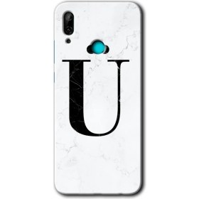 Resim Zipax Huawei P Smart 2019 Kılıf Hd Desen Baskılı Arka Kapak - Beyaz Mermer Desenli Ü Harfi 