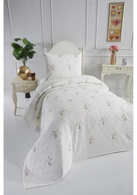 Resim Pinkrose Nakışlı Şönil 2 Parça Tek Kişilik Yatak Örtüsü Krem Krem 