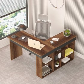 Resim Robin Home Boston Kitaplık Raflı L Ofis Çalışma Masası ve Keson Etajer 3 Çekmeceli Barok-Antrasit 