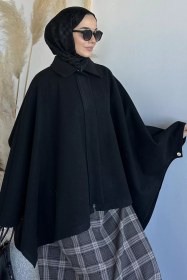 Resim Ön Fermuarlı Tesettür Panço (s-m-l-xl Uyumludur) Siyah TZL-P-00020197 