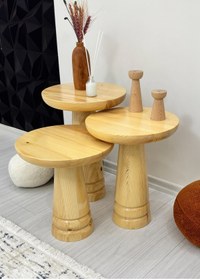 Resim ASELYA HOME Doğal Ahşap 3’lü Set Mantar Yan Sehpa Modern Naturel Fiskos Zigon Çiçeklik 