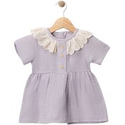 Resim Yaka Dantelli Elbise Lila 