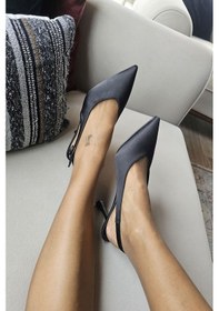 Resim 10 44 Topukla Kadın Arkası Açık Kadeh Topuklu Stiletto Abiye Ayakkabı Siyah Saten 