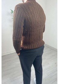 Resim Explode - Erkek Kahve Örgülü Slim Fit Bisiklet Yaka Triko Kazak Kahverengi 