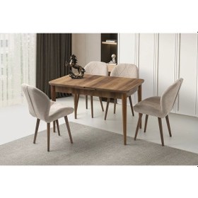 Resim Kelebek Ceviz Renk Ahşap Salon Yemek Masa Sandalye Takımı 4 Sandalyeli Ortadan Açılır Büyüyen 80x130 Ceviz-krem 
