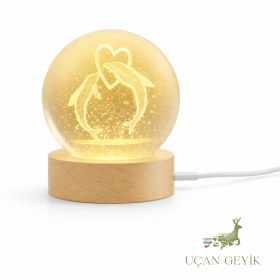 Resim 3D LED Kalpli Yunus Balığı Kristal Küre - Sarı Işıklı, Dekoratif ve Hediyelik Ürün 