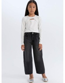 Resim DeFacto Kız Çocuk Slim Fit Dar Kesim Bisiklet Yaka Parlak Kumaş Fitilli Kaşkorse Uzun Kollu Tişört D5419A824WNER118 Ekru 