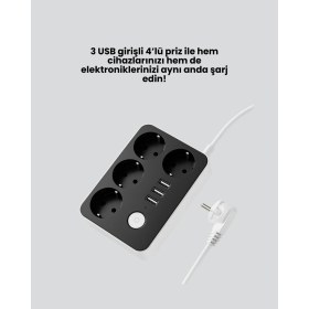 Resim Aydogan's 3 USB Çıkışlı 4’lü Akıllı Priz 2500W 2 Metre Kablo 