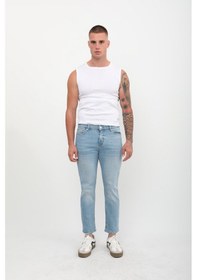 Resim Erkek Slim Fit Normal Bel Düz Kesim Dar Paça Likralı Açık Mavi Jean Pantolon Açık mavi 