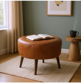 Resim Azra Mobilya Taba Yuvarlak Deri Puf 60 Cm Çap, 46 Cm Yükseklik, Modern Ceviz Ayaklı Taba 