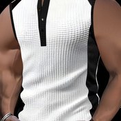 Resim Erkekler için kolsuz waffle desenli golf tank topu - Dokulu iki tonlu tasarım, düğmeli detay, yazlık açık hava aktiviteleri için rahat henley tarzı. 