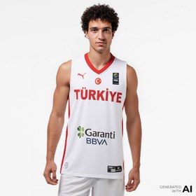 Resim Puma Turkey V-Neck Game Jersey Erkek Beyaz Basketbol Forması 