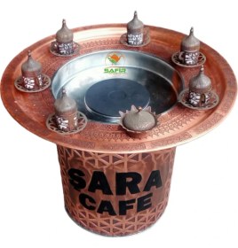 Resim Yuvarlak Kumda Kahve Bakır Kumda Kahve Makinesi Tepsili Kumda Kahve Standı Yüksek Boy Kumda Türk Kahvesi Makine Kızgın Kumda Kahve Tezgahı 