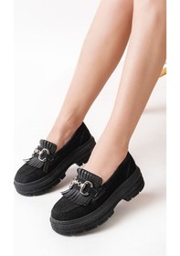Resim 749-750 Siyah Süet Tokalı Günlük Yüksek Tabanlı Loafer Ayakkabı Bej - Siyah 