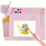 Resim 1 set, 50.8cm x 40.64cm silikon boyama matı, bardak tutuculu sanat matı, fırça temizleme aracı, 14 renkli blok ve 2 renk ayırıcı ile sanatçı hediyesi DIY yaratıcılık kiti - Noel, Sevgililer Günü, Şükran Günü, Yılbaşı için mükemmel. Pembe/Mavi/Yeşil 