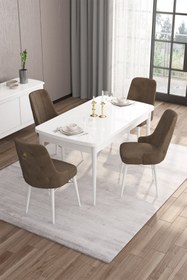 Resim Canisa Concept Are Serisi Beyaz Mdf 80x132 Açılabilir Mutfak Masası Takımı 4 Su Yeşili Sandalye Gümüş Halkalı 