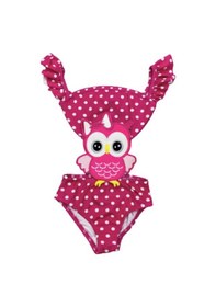 Resim Lolliboomkids Mayokini Sevimli Baykuş Temalı Koyu Pembe Kol Fırfırlı Son Sezon Kostüm Mayo Pembe 