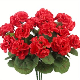 Resim 3 Çatal Canlı Kırmızı Geranium - Yapay Çiçek Düzenlemesi Yeşil Yapraklarla, Ev Dekoru, Vazo, Masa Merkezinde, İç ve Dış Mekan Kullanımı, Tatil Süsleri, Şükran Günü, Hanuka, Ulusal Büyükanne Günü, Tatil Merkezinde | Canlı Çiçek Düzenlemesi | Yapay Geraniumlar, Geranium Dekoru 
