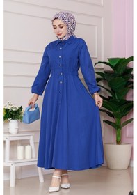 Resim Sevitli Beli Lastik Detaylı Yasemin Elbise-saks Mavi-4816 Saks Mavi 
