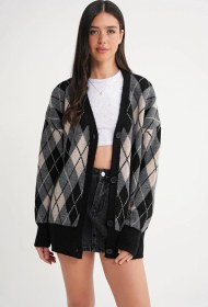 Resim Mixray 6937 Kadın Baklava Desenli Oversize Triko Hırka Siyah Siyah 