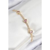 Resim Pirinç Zirkon Taşlı Pembe Kalp Model Gold Renk Kadın Bileklik 