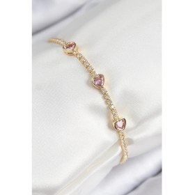 Resim Pirinç Zirkon Taşlı Pembe Kalp Model Gold Renk Kadın Bileklik 