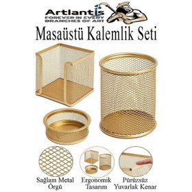 Resim Altın Sarı Metal Evrak Rafı 3 Lü Ve Masaüstü Kalemlik 3 Lü 1 Paket Masaüstü A4 Dosya 3 Katlı Düzenleyici Kağıt Tepsisi Altın 