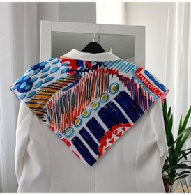 Resim Lente Aksesuar Kadın Çok Renkli Sanatsal Çizgili Premium Kalite İpek Saten Fular 55x55cm Turuncu - Mavi 