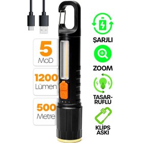 Resim Şarjlı El Feneri 5 Mod Karabina Askılı Cob Led Kamp Lambası Acil Durum Işığı 7149 Siyah 