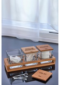 Resim 3'lü Standlı Kulak Pamuğu Pamuk Ve Diş İpi Kavanozu Cam Pamukluk, Dekoratif Banyo Düzenleyici Şeffaf 