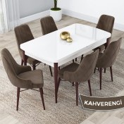 Resim Canisa Concept Lia Serisi, 80 x 132 cm Açılabilir Mutfak Masa Takımı, Beyaz Masa Ceviz Ayak 6 Sandalye 