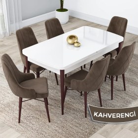 Resim Canisa Concept Lia Serisi, 80 x 132 cm Açılabilir Mutfak Masa Takımı, Beyaz Masa Ceviz Ayak 6 Sandalye 