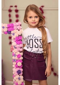 Resim Riccotarz Kız Çocuk Little Boss Yazı Baskılı T-shirt Cep Detaylı Kemerli Bordo Deri Etekli Takım Bordo 
