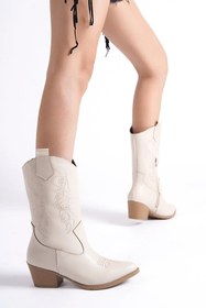 Resim asmi shoes Kadın Lori Krem Deri Melek Nakişli Fermuarli Western Kovboy Çizme Bot 