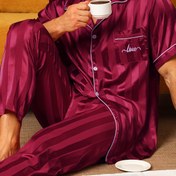 Resim 2 adet Erkek Pijama Takımı Kısa Kollu Uzun Pantolon İnce Çizgili Dantel Harflerle Yazlık Yaka Kardigan Ev Giyim Takımı 