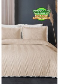 Resim Evlen Home Ponponlu %100 Pamuk Tek Kişilik Günlük Yatak Örtüsü Pike Takımı Seti Bej 