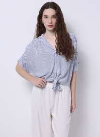 Resim Regular Fit Shirt Neck Çizgili Kadın Mavi Kısa Kol Gömlek 