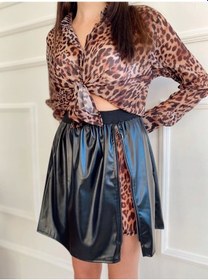 Resim Kadın Fermuar Detaylı Leopar Mini Etek Siyah 