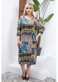 Resim Kadın V Yaka Mavi Kahve Etnik Desen Büyük Beden Esnek Elbise-mavi Mavi 